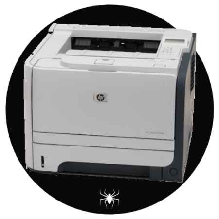 A refurbished printer, the white HP LaserJet, is centered on a black circular background, with a small white spider icon at the bottom of the circle.