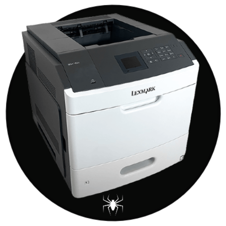 A refurbished printer from Lexmark is centered on a black circular background, with a small white spider icon at the bottom of the circle.