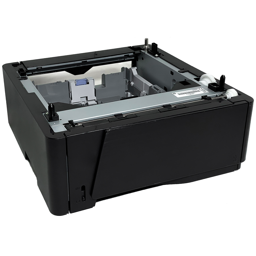 The HP 500-Sheet Tray CF284A, designed for a printer, is shown empty from an angled view and features black and gray design with adjustment knobs and alignment guides akin to those in refurbished electronics.