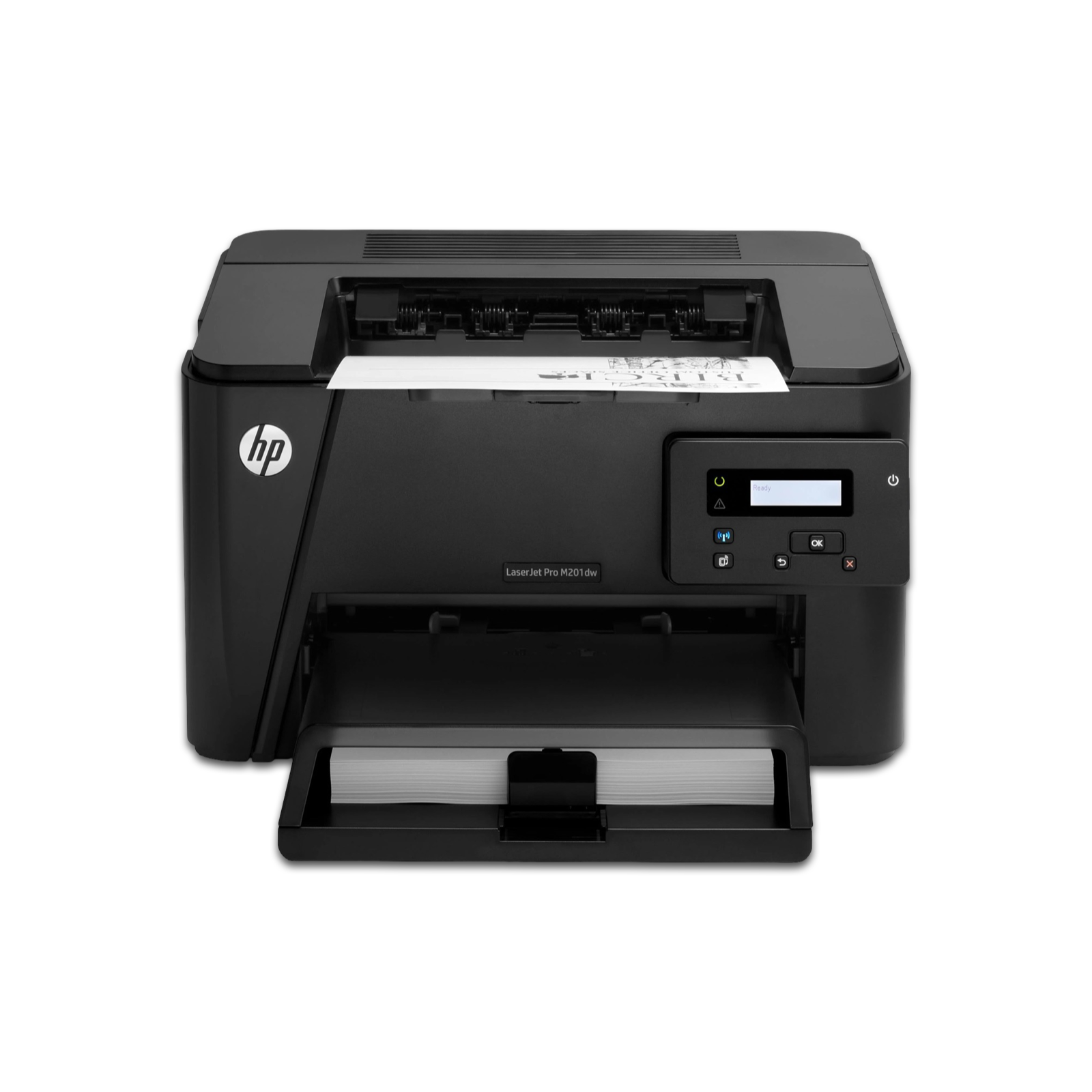 An HP LaserJet Pro M201dw Wireless Laser Printer (CF456A) in black, with paper in the input tray and a printed sheet emerging from the top, featuring a front control panel with buttons and a screen.