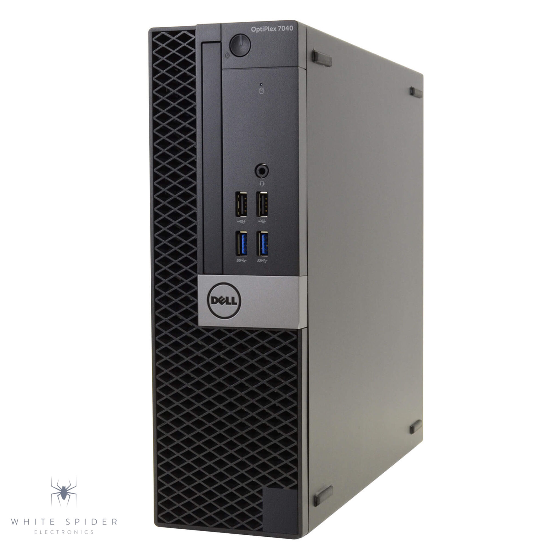 The Dell OptiPlex 7040 Desktop, featuring a 6th Gen Intel Core i5, Windows 10, WiFi, front USB ports, power button, and ventilation grill is shown. The White Spider Electronics logo is in the bottom left corner.